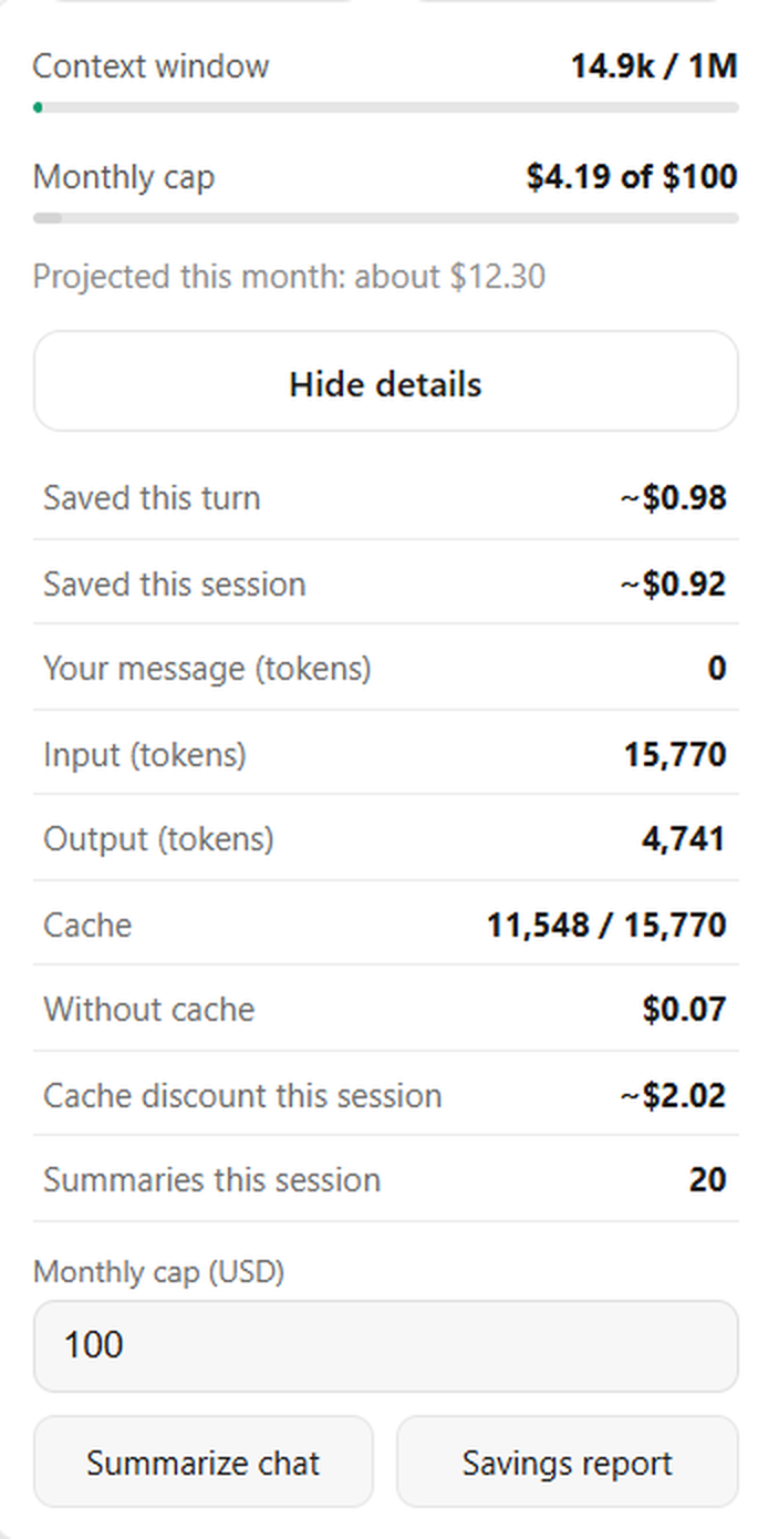 CodeCook details with the monthly cap, summary count, Summarize chat, and Savings report.